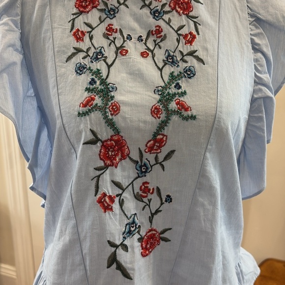 Zara Basics cotton Embroidered Blue Ruffle Sleeve Top. Size S - Picture 2 of 9